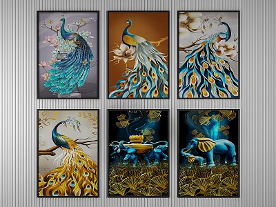 Animal Paintings Featuring Peacocks and Elephants With Decorative Gold Blue Tones and Floral Patterns 3d model