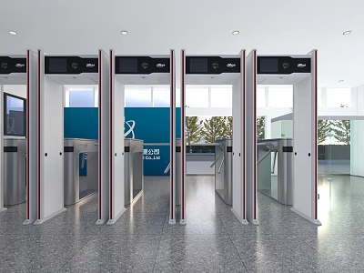 Spacious Modern Station Security Area With Metal Detectors Turnstiles And Blue Background Wall 3d model