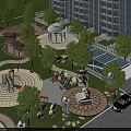 Residential Landscape With Lush Trees Lawns High Rise Buildings Round Gazebo Playground And Dolphin Statue