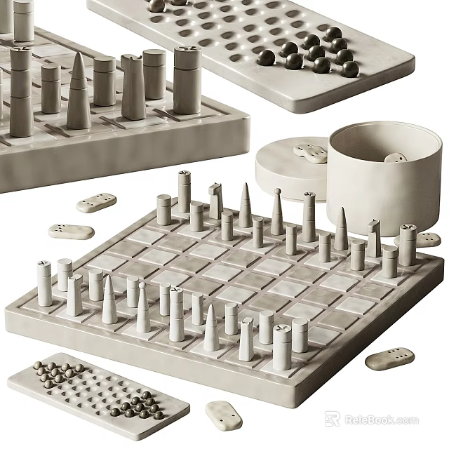 Modern Gray Decorative Ornament Set With Conical Cylindrical Shapes Checkerboard Trays 3d model 