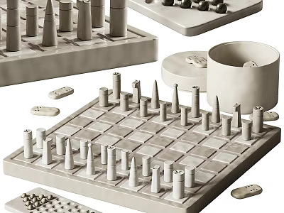 Modern Gray Decorative Ornament Set With Conical Cylindrical Shapes Checkerboard Trays 3d model