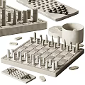 Modern Gray Decorative Ornament Set With Conical Cylindrical Shapes Checkerboard Trays