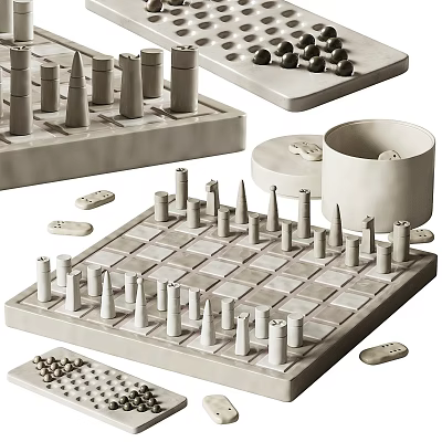 Modern Gray Decorative Ornament Set With Conical Cylindrical Shapes Checkerboard Trays 3d model