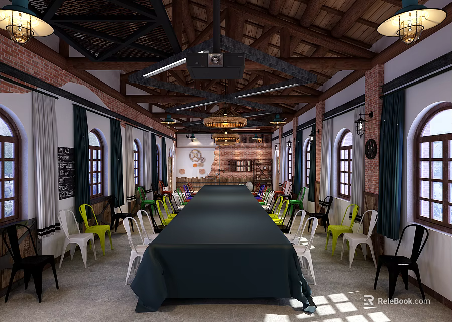 Spacious Conference Room With Long Table Colorful Chairs Arched Windows And Wooden Ceiling 3d model 
