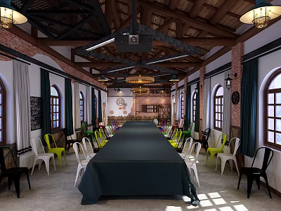 Spacious Conference Room With Long Table Colorful Chairs Arched Windows And Wooden Ceiling 3d model