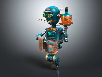 Vintage Blue Robot Character Holding Oil Bottle With Scroll And Mechanical Gears 3d model