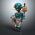 Vintage Blue Robot Character Holding Oil Bottle With Scroll And Mechanical Gears