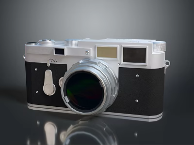 Vintage Camera With Silver And Black Body Large Lens On Gray Background 3d model