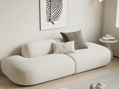 Beige Curved Two Seater Sofa With Throw Pillows And Side Table In Cozy Living Room 3d model