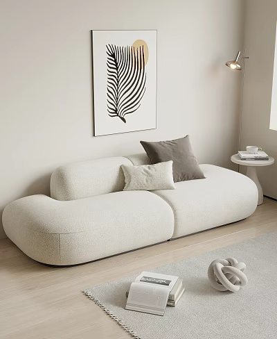 Beige Curved Two Seater Sofa With Throw Pillows And Side Table In Cozy Living Room 3d model