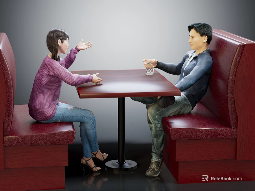 Two People Sitting in Red Booth Chatting Over Wooden Table With Glass Cup 3d model 