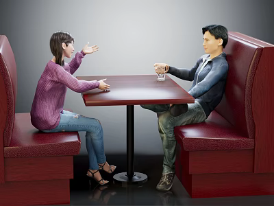 Two People Sitting in Red Booth Chatting Over Wooden Table With Glass Cup 3d model