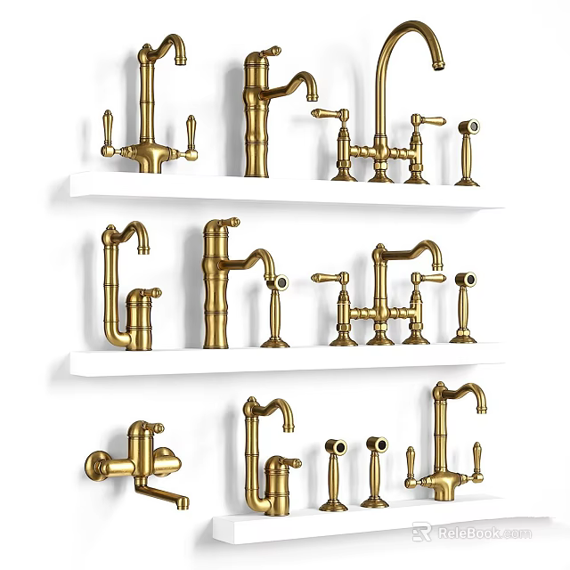 Various Styles of Golden Faucets Neatly Displayed on White Shelves 3d model 