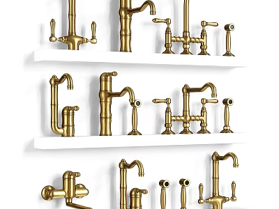 Various Styles of Golden Faucets Neatly Displayed on White Shelves 3d model
