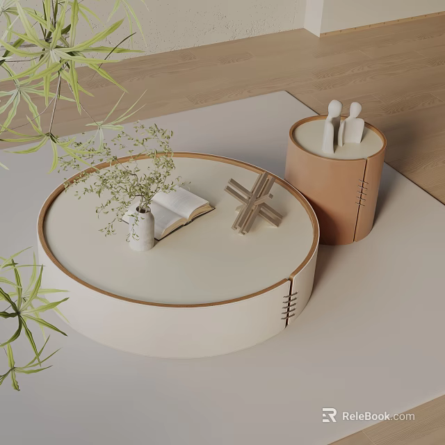 Modern Sofa Coffee Table Set With Round White Tabletop Wooden Frame And Decorative Items 3d model