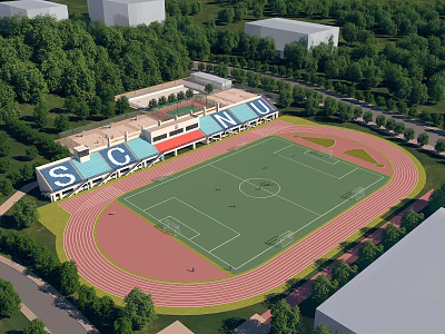 SCC Football Stadium With Green Grass Field Red Running Track Blue Roof Stands And Trees 3d model