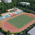 SCC Football Stadium With Green Grass Field Red Running Track Blue Roof Stands And Trees 3d model