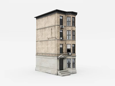 Three Story Brick Building With Multiple Windows Light Colored Base And Front Steps 3d model