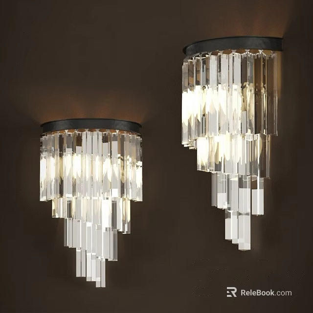 Stylish Crystal Chandeliers Featuring Transparent Prisms Black Frame Hanging Illuminated on Dark Wall 3d model 