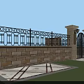 Stone Building Facade With Wrought Iron Railing Gate Lamp And Patterned Paved Ground 3d model
