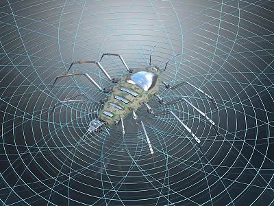 Futuristic Game Movie Character Mechanical Spider with Grid Pattern Background and Metallic Details 3d model