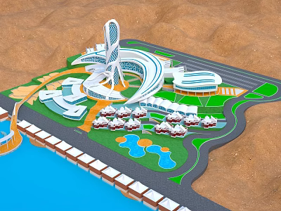 Future Architecture Complex Featuring Modern Curved Design Green Spaces And Waterfront Landscape 3d model
