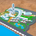 Future Architecture Complex Featuring Modern Curved Design Green Spaces And Waterfront Landscape