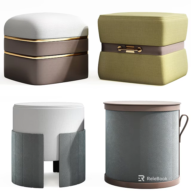 Modern Fabric Ottoman Stools In Various Colors With Gold Metal Accents And Comfortable Design 3d model 