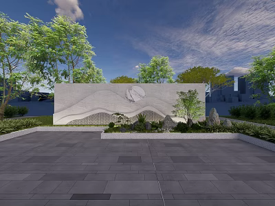 Landscape Feature Wall With Wavy Texture Surrounded By Trees Lawn And Stone Pavement 3d model
