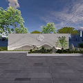 Landscape Feature Wall With Wavy Texture Surrounded By Trees Lawn And Stone Pavement 3d model