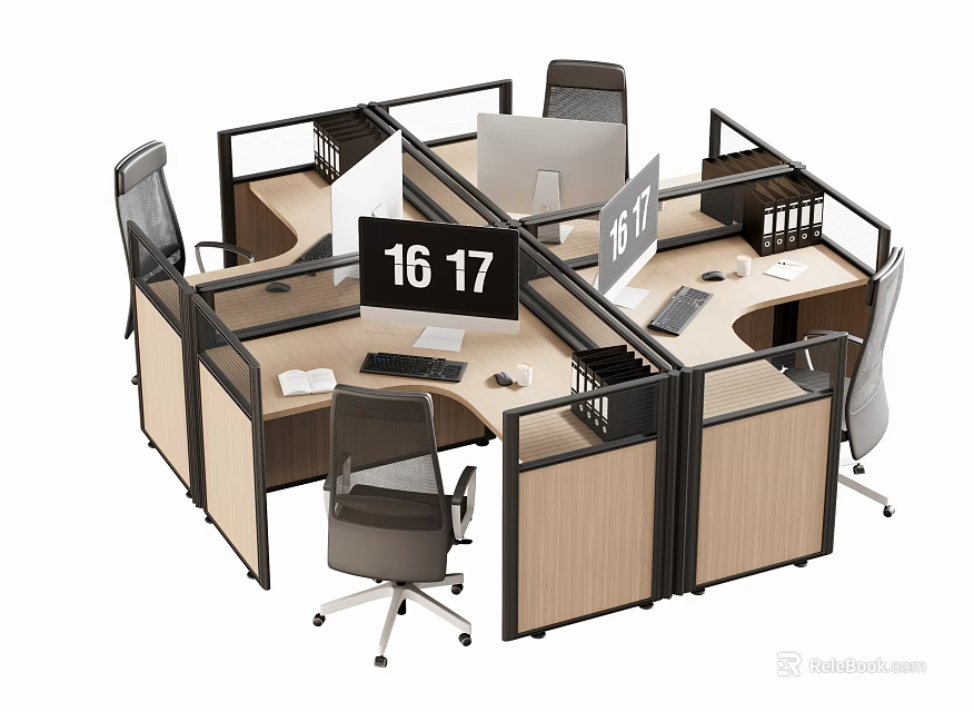 Modern Cubicle Office Desks With Workstations Computer Monitors And Office Chairs 3d model