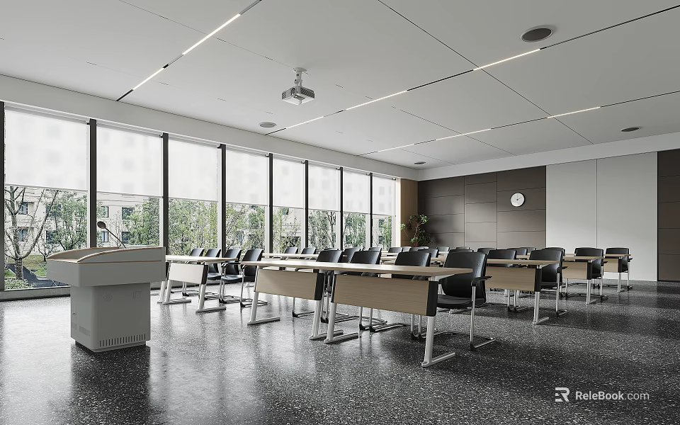 School Modern Classroom With Large Windows Neat Desks Podium Clock And Green Plants 3d model 