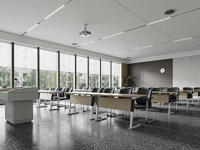 School Modern Classroom With Large Windows Neat Desks Podium Clock And Green Plants 3d model