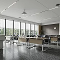 School Modern Classroom With Large Windows Neat Desks Podium Clock And Green Plants