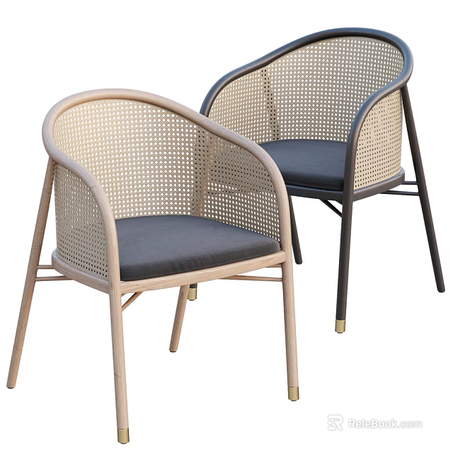 Pair of Modern Rattan Leisure Chairs With Curved Armrests Dark Cushions And Light Dark Frames 3d model 