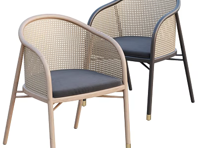 Pair of Modern Rattan Leisure Chairs With Curved Armrests Dark Cushions And Light Dark Frames 3d model