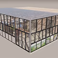 Steel Frame Glass Building With Transparent Curtain Walls And Interior Tables Chairs