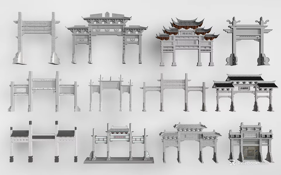 Traditional Chinese Memorial Archways Historical Ancient Architecture Various Design Styles Collection 3d model 