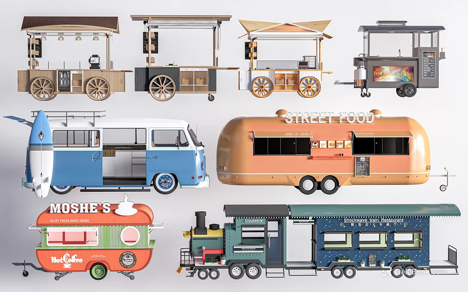 Vintage Style Functional Vehicles With Street Food Carts Mobile Trucks And Colorful Designs 3d model 