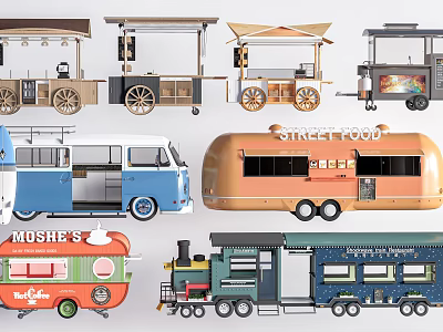 Vintage Style Functional Vehicles With Street Food Carts Mobile Trucks And Colorful Designs 3d model