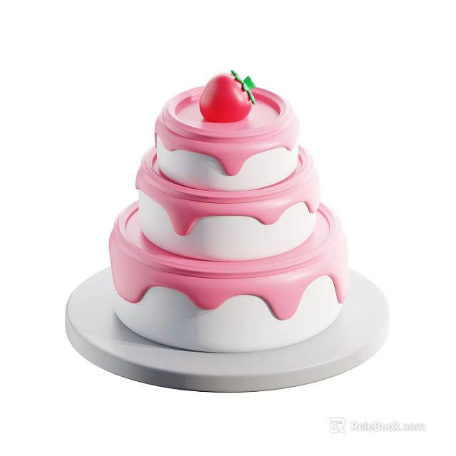Three Tier Cake With Pink And White Cream And Strawberry On Top 3d model 