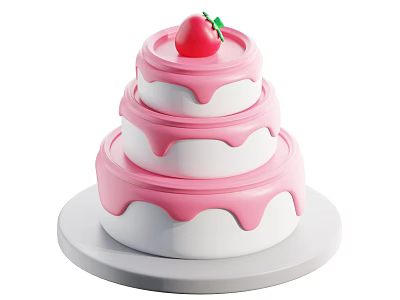 Three Tier Cake With Pink And White Cream And Strawberry On Top 3d model
