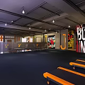 Modern Fitness Gym Interior With Orange J Shaped Dumbbell Logo And Glass Walls