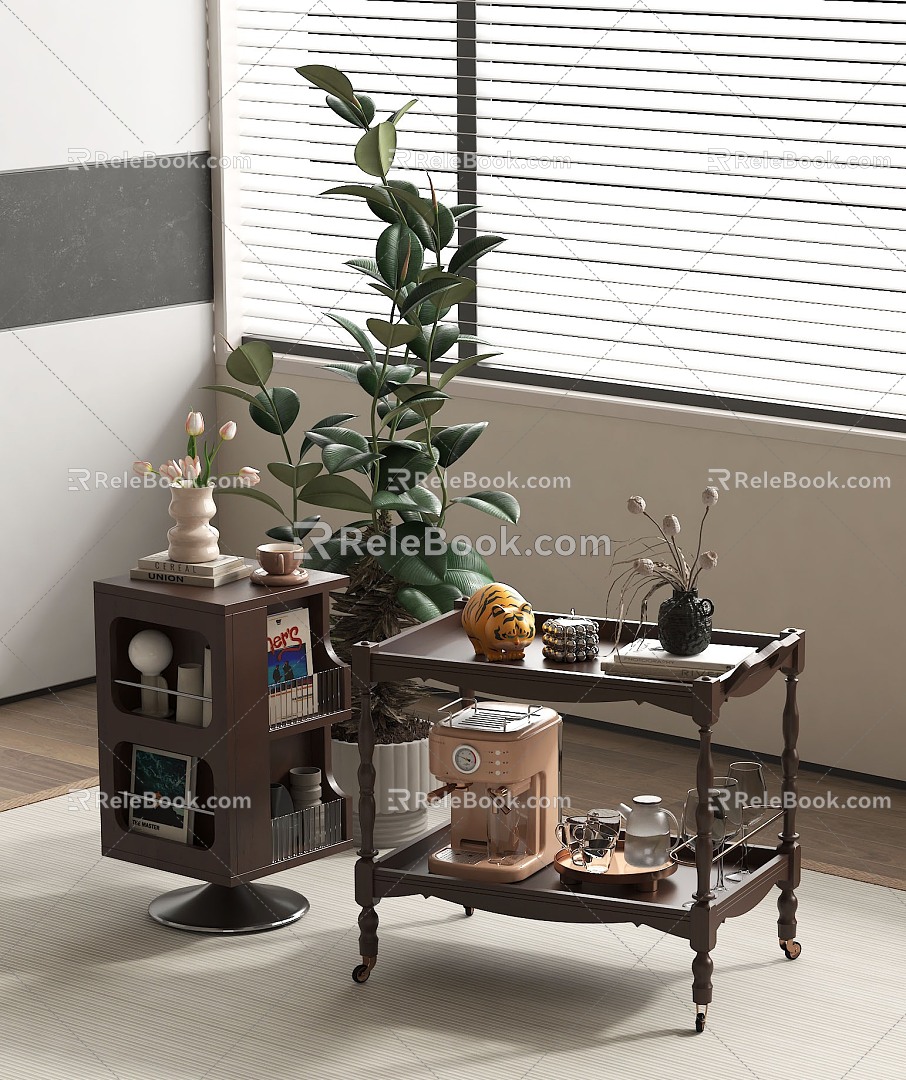 Middle Ancient Movable Solid Wood Side Trolley Floor Plant Coffee Machine Glass Wood Rectangular 3d model