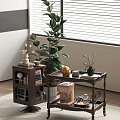 Middle Ancient Movable Solid Wood Side Trolley Floor Plant Coffee Machine Glass Wood Rectangular 3d model