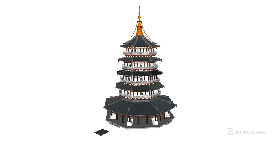 Traditional Multi Tiered Pagoda With Golden Spire Overhanging Eaves And Balconies 3d model 