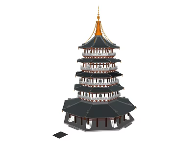 Traditional Multi Tiered Pagoda With Golden Spire Overhanging Eaves And Balconies 3d model