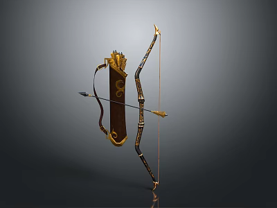 Intricate Decorative Bow with Golden Accents Brown Body Bowstring and Arrow as Traditional Weapon Design 3d model