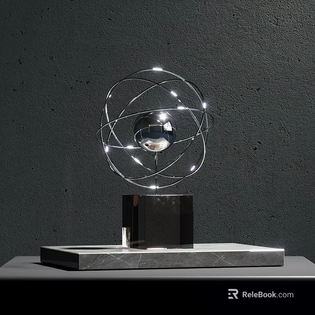 Decorative Ornament Set with Metal Sphere LED Lights and Marble Base on Black Display Stand 3d model 