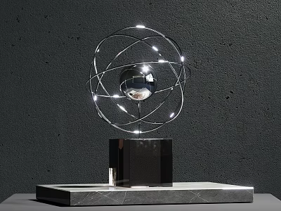 Decorative Ornament Set with Metal Sphere LED Lights and Marble Base on Black Display Stand 3d model